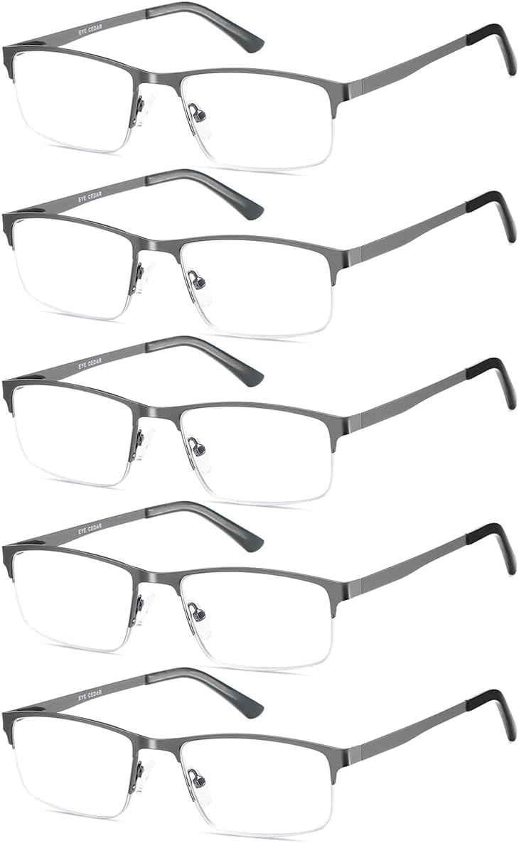 EYECEDAR 5 Pack Reading Glasses Men Blue Light Blocking Eyeglasses Gunmetal Gray Metal Half Frame Spring Hinges Readers for Men and Women 1.75