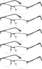 EYECEDAR 5 Pack Reading Glasses Men Blue Light Blocking Eyeglasses Gunmetal Gray Metal Half Frame Spring Hinges Readers for Men and Women 1.75