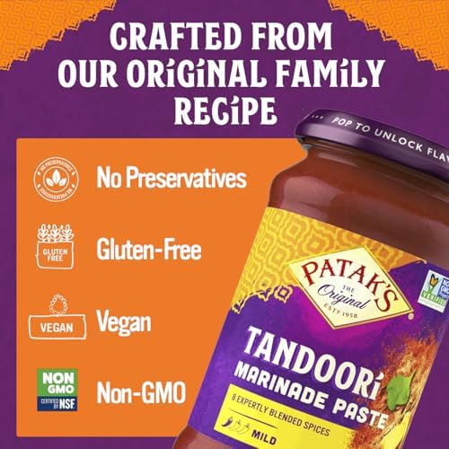 Patak’s Tandoori Marinade Paste - Mild Indian Tandoori Paste with 8 Expertly Blended Spices - Gluten-Free & Vegan - Flavorful Chicken Marinade for Grilling, Baking & BBQ Cooking - 11oz Jar (Pack of 1)