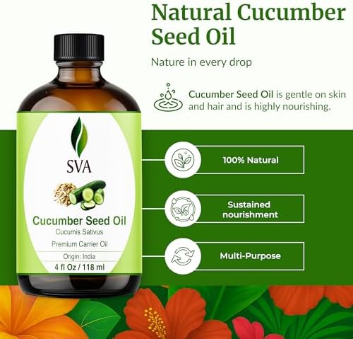 SVA Cucumber Seed Oil - 4 Fl Oz – 100% Natural Cold Pressed Cucumber Oil - for Face, Skin Care, Hair Care, Scalp Massage & Body Massage – Carrier Oil with Dropper