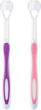 Boao 2 Pieces Autism Toothbrush Three Bristle Travel Toothbrush for Complete Teeth, Great Angle Bristles Clean Each Tooth, Soft and Gentle(Pink, Purple)