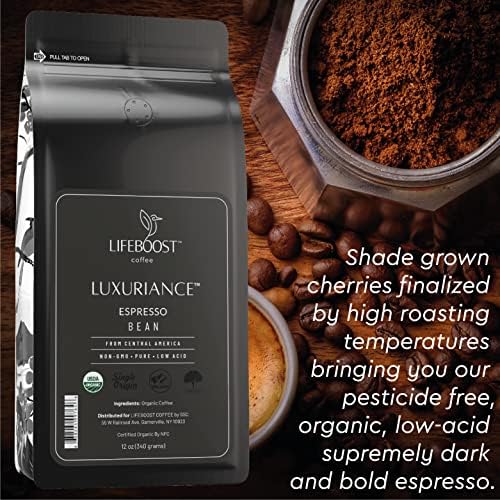 Lifeboost Organic Espresso Whole Bean Coffee - Low Acid Espresso Coffee, Non-GMO, USDA Organic, Single Origin, Third-Party Tested for Mycotoxins & Pesticides - 12 oz Bag