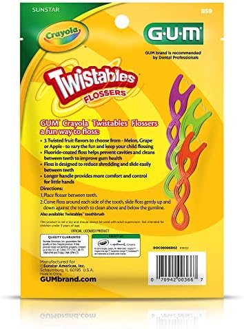 GUM Crayola Twistables Kids Flossers with Fluoride - Designed for Little Hands - Three Fun Fruit Flavors - Easy to Use Kids Floss Picks for Children Ages 3+, 90 Count (Pack of 4)