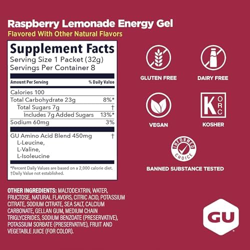 GU Energy Original Sports Nutrition Energy Gel, 8-Count, Vegan, Gluten-Free, Kosher, and Dairy-Free On-The-Go Energy for Any Workout, Raspberry Lemonade
