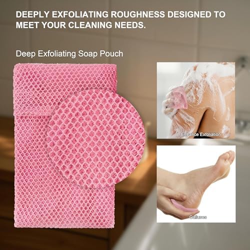 2 Pack Soap Bag Deep Exfoliating,Bar Soap Pouch Saver Pocket,Body Scrubber Shower Bath Sponge Loofah (Pink)