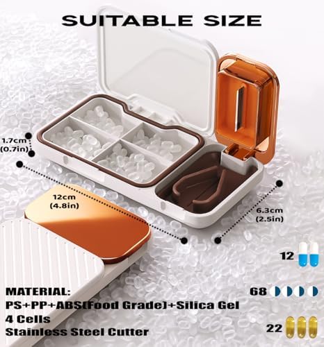 MURRI&MURRDI Pill Organizer with Pill Splitter Cutter, 4 Compartments Small Portable Medicine Case for Purse Pocket, Pill Vitamin Dispenser Holder, White
