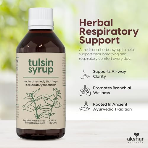 AKSHAR Ayurveda - Tulsin Syrup, Natural Cough Syrup with Licorice, Ginger, Turmeric, Basil, Malabar Nut - Respiratory Lung Health Supplements, Mucus Relief & Bronchial Wellness Syrup (1 Pack)