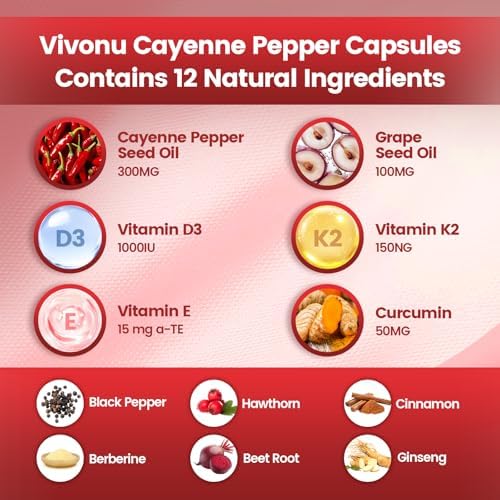 VivoNu Cayenne Pepper Softgels Supplement, Supports Leg Vein, Heart and Blood Vessel Health, with Vitamin E D3+K2 and Extracts of Grape Seed, Hawthorn, Beetroot, Berberine and Other