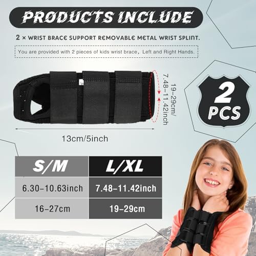 Konohan 2 Pcs Wrist Brace for Kids Youth Carpal Splints Wrist Brace Sports Night Support with Adjustable Compression Straps for Children Sleep(Black,Age 8-12)