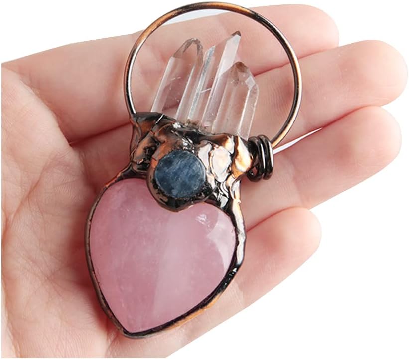 Acxico 1Pcs Natural Rose Quartz Crystal Heart Carved Pendant Clear Quartz Point Healing