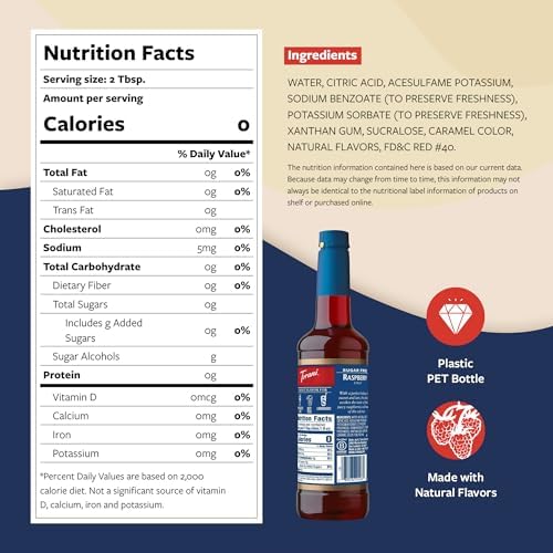 Torani Sugar Free Syrup, Raspberry Flavored Syrup for Drinks, Zero Calorie, Pump Included, 25.4 Fl Oz