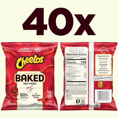 Frito Lay Baked Cheetos Crunchy Flamin' Hot, 0.87 Ounce Pack of 40