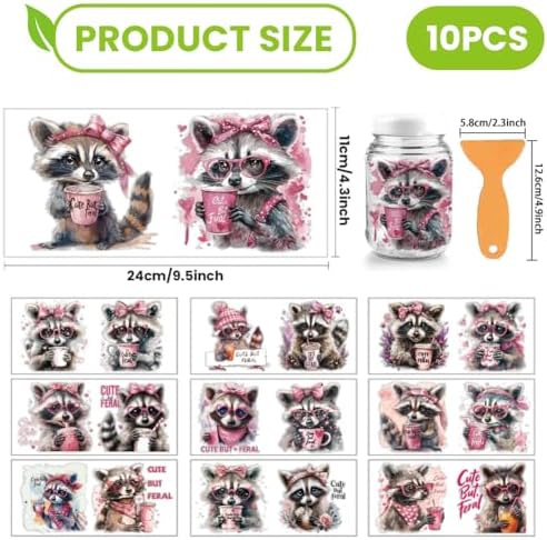 arricraft 10 Sheets Raccoon UV DTF Cup Wrap, 10 Styles Pink Raccoon Cute Animal Rub on Transfers PVC Paper Waterproof Rub Decals for DIY 16OZ Glass Cups Furniture Wood Crafts