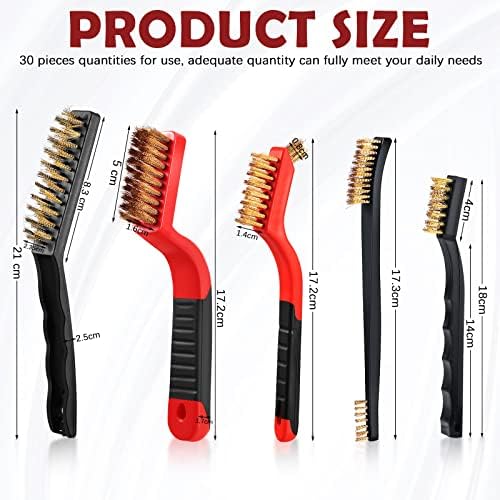 Sumind 30 Pcs Wire Cleaning Brush Set Nylon/ Stainless Steel/ Brass Metal Brush with Curved Handle Grip Paint Remover for Cleaning Rust Grout Cleaner (Nylon, Brass, Stainless Steel)