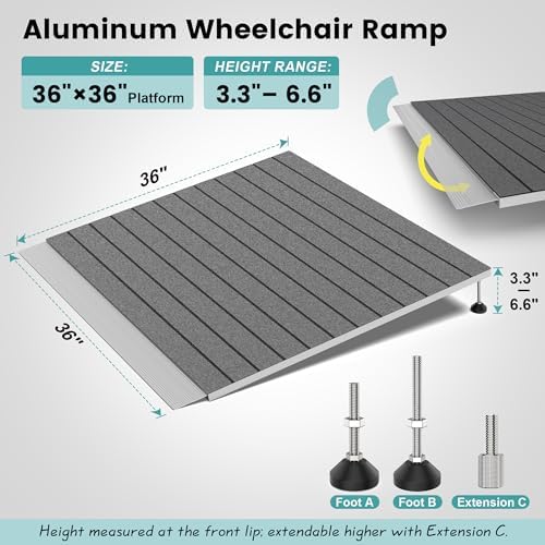 Threshold Ramps for Wheelchairs, Adjustable Height 3.3"-6.6" and 36"×36" Platform Aluminum Wheelchair Ramp, Door Threshold Ramps with a Non-Slip Thick Door Mat for Scooters, Power Chairs, Cart