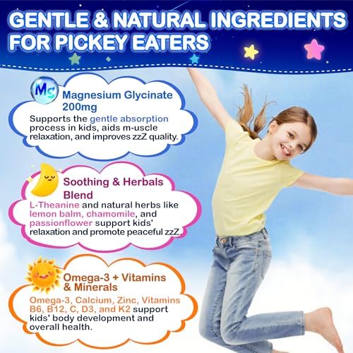 Kids Magnesium Glycinate Gummies - Magnesium Glycinate Supplement 200mg with L-theanine Omega-3 Calcium Vitamin D3 & B12 for Kids Natural Zzz at Bedtime & Overall Health - Sugar Free & Non-GMO