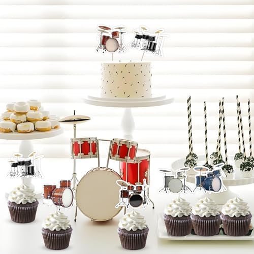 24Pcs Drum Theme Cupcake Toppers, Drum Set Rock N Roll Musical Cupcake Picks Favors Decor, Drummer Birthday Baby Shower Pop Music Party Decorations Supplies