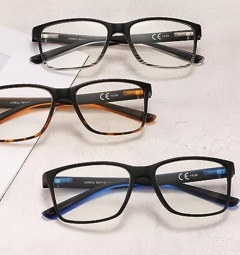 JJWELL 3 Pack Reading Glasses for Men Blue Light Blocking with Spring Hinge, Anti Eyestrain/Dryness/UV Large Wide Square Readers for Men, Two Tone Computer Reader Glasses Eyeglass(3.0 Strength)