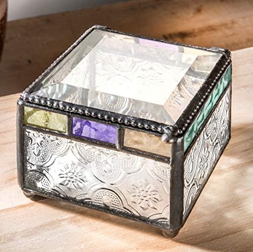 J Devlin - Stained Glass Box Jewelry Dish Trinket Keepsake Display Purple Blue Peach Turquoise - Box 905