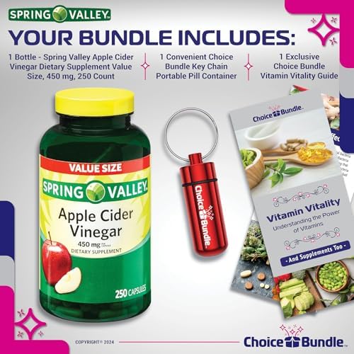 Spring Valley Apple Cider Vinegar Capsules 450 mg Dietary Supplement 250 Ct Plus Vitamin Vitality & Pill Container (3 Items)!