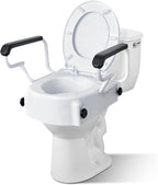 Raised Toilet Seat with Handles - Adjustable Height - Add 5 inches - Toilet Seat Risers for Seniors - Supports 300lbs - for Standard/Round Toilet, Includes Lid, Elevated Toilet Seat, White