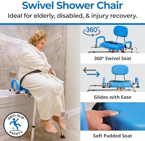 360° Swivel & Sliding Tub Transfer Bench – 450 lbs Capacity, Foam Padded Seat with Backrest, Pivoting Arms, Height Adjustable, for Seniors & Mobility Assistance