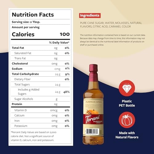 Torani Puremade Syrup, Pumpkin Spice Flavoring for Drinks, Pump Included, 25.4 Fl Oz