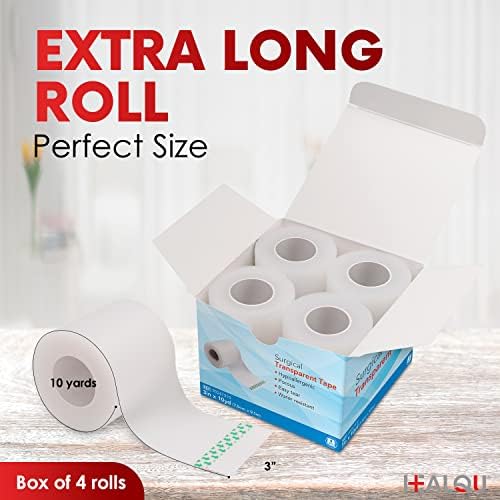 HEALQU Surgical Transparent Tape for Wound Care, Tubing, First Aid Supplies - 3" x 10yd Box of 4 Breathable, See Through, Microporous Waterproof Tape with Gentle Adhesion and Easy Monitoring