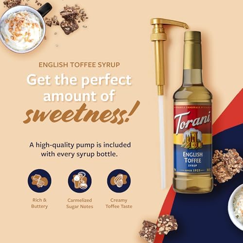 Torani Coffee Syrup, English Toffee Flavored Syrup for Drinks, Glass Bottle with Pump Included, 25.4 Fl Oz