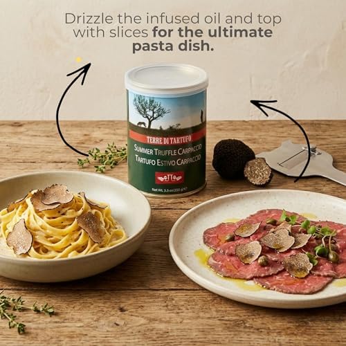 Terre di Tartufo Summer Truffle Carpaccio – Italian Black Summer Truffle Slices in Oil – Gourmet Ready-to-Use Truffle Garnish – Perfect for Pasta, Eggs & Risotto – 12.3oz (350g)