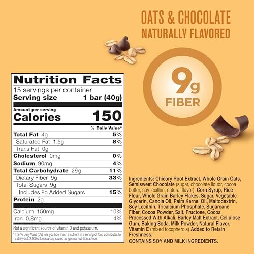 Fiber One Chewy Bars, Oats and Chocolate, Fiber Snacks, Mega Pack, 15 Ct, 21.2 oz