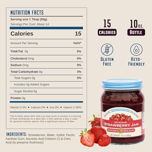 Nature's Hollow Strawberry Jam: Sugar Free Jam and Preserves, Low Cal, Non GMO, Keto Jam, Vegan, Gluten Free, and Diabetic Friendly - Sugar Free Jelly - 10oz