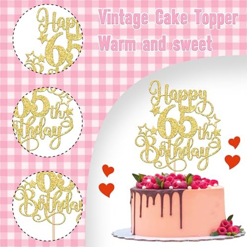 1 PCS Happy 65th Birthday Cake Topper Glitter Cheers to 65 Years Birthday Cake Pick Hello 65 Fabulous Cake Decoration for Happy 65th Birthday Anniversary Party Decorations Supplies Gold