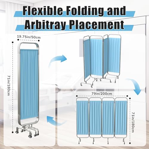 tonchean 4-Panel Medical Privacy Screen 71" Height Hospital Bedside Privacy Partition with Silent Rolling Wheels for Clinics Nursing Homes and Exam Rooms