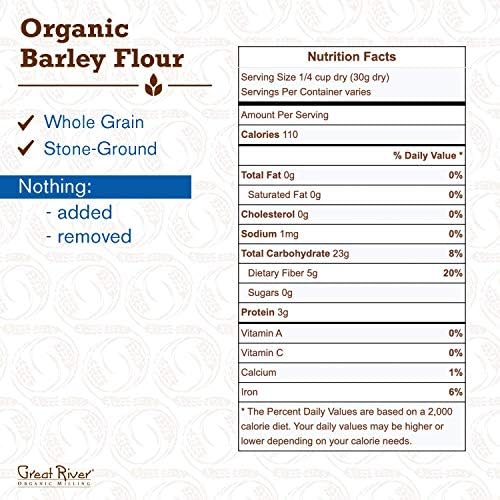 Great River Milling Organic Barley Flour | Unbleached, Unbromated, Non-GMO, Kosher | High Fiber, Nutty Flavor Perfect for Breads, Pancakes, & More | 25 Lb