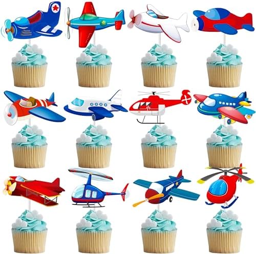 Airplane Cupcake Topper Plane Birthday Party Supplies, Airplane Aircraft Cupcake Toppers for Kids Plane Theme Party Baby SHower Favor Supplies SET of 24