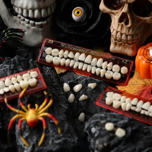 Nuanchu 280 Pcs False Teeth Acrylic Resin, 10 Set A2 Shade Denture Teeth Replacement Kit Solid Synthetic Polymer Fake Tooth for Halloween Horror Props DIY Costume Dental Teaching Model