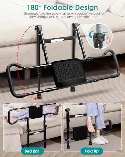 AMOVO Bed Rails for Elderly Adults Safety - Foldable Bed Assist Rails for Seniors Bed Side Grab Bar with Sensor Light, Adjustable Bedside Railing Safety Guard Rail Cane (ASTM F3186–17 Certified)