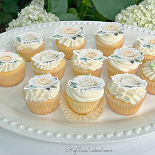 48 Pack Edible Rose Cupcake Toppers - Wafer Paper Roses for Wedding, Engagement, Bridal Shower & Birthday Party - White