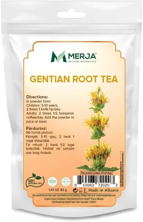 Merja Herbs Gentian Root Tea - Immune Support - Natural Caffeine Free - Ground & Loose Tea - 100% Natural & Premium Quality 40gr