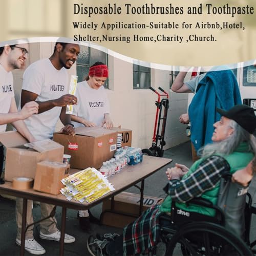 Disposable Toothbrushes with Toothpaste,50 Pack Yellow Hollow Individually Wrapped Disposable Travel Toothbrushes Kit in Bulk for Homeless,Nursing Home,Hotel,Charity