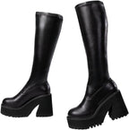 Women Elastic Round Toe Motorcycle Combat Punk Boots Knee High Platform Chunky Block High Heel Sock Boots
