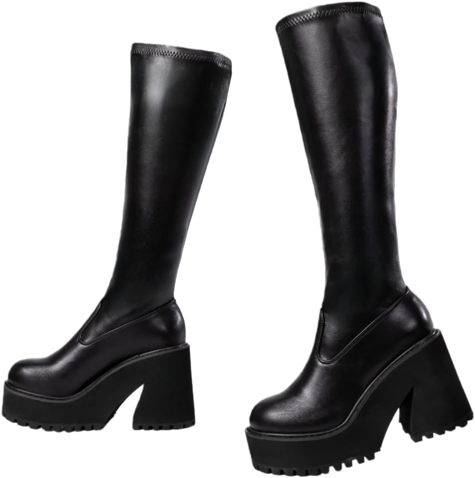 Women Elastic Round Toe Motorcycle Combat Punk Boots Knee High Platform Chunky Block High Heel Sock Boots