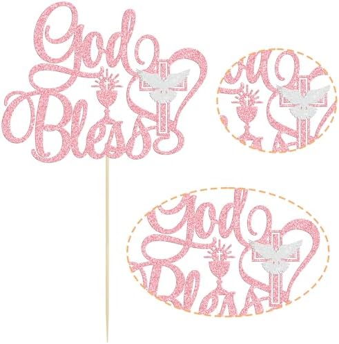 Ephlyn 1Pcs God Bless Cake Topper Glitter Dove Cross Christening First Communion Cake Pick Baptism Cake Decorations for Religious Theme Party Baby Shower Birthday Party SuppliesPink