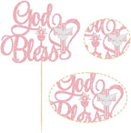 Ephlyn 1Pcs God Bless Cake Topper Glitter Dove Cross Christening First Communion Cake Pick Baptism Cake Decorations for Religious Theme Party Baby Shower Birthday Party SuppliesPink