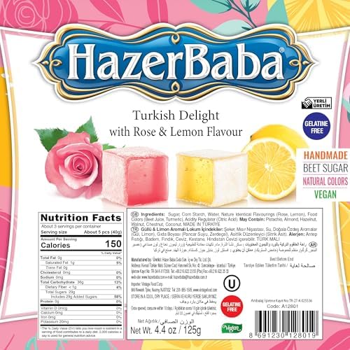 Hazer Baba Turkish Delight Candy, Rose & Lemon Flavored, 4.4 Oz (Pack of 1), Gourmet Snack Box, Traditional, Vegan Snack, Turkish Lokum, Unique Sweets, Loukumi, Delicias Turcas, Halal, Kosher