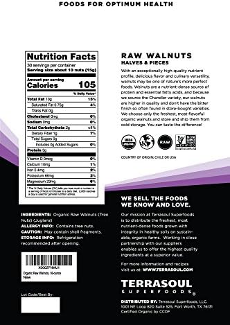 Terrasoul Superfoods Raw Organic Walnuts, 16 Oz - Chandler Variety | Fresh | Light Color