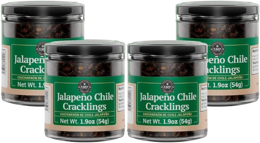 Pack of 4 - SMP Jalapeño Chile Cracklings – Crispy & Mildly Spicy Fried Jalapeños, Mexican Chili Crisp & Crunch, Dried Chilli Toppings for Tacos, Salsas, Guacamole & More, 1.9 oz