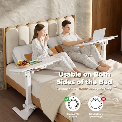 JOY worker Foldable Overbed Bedside Table, 180° Tiltable Mobile Standing Desk with Wheels, 31.5" Pneumatic Height Adjustable Rolling Laptop Desk for Home & Hospital Use, Easy Storage, White