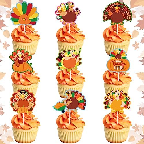 Whaline 72 Pcs Fall Thanksgiving Cupcake Topper 9 Designs Cartoon Turkey Cupcake Picks Turkey Food Picks with Glue Point Appetizers Toothpicks for Autumn Party Supplies Food Decoration